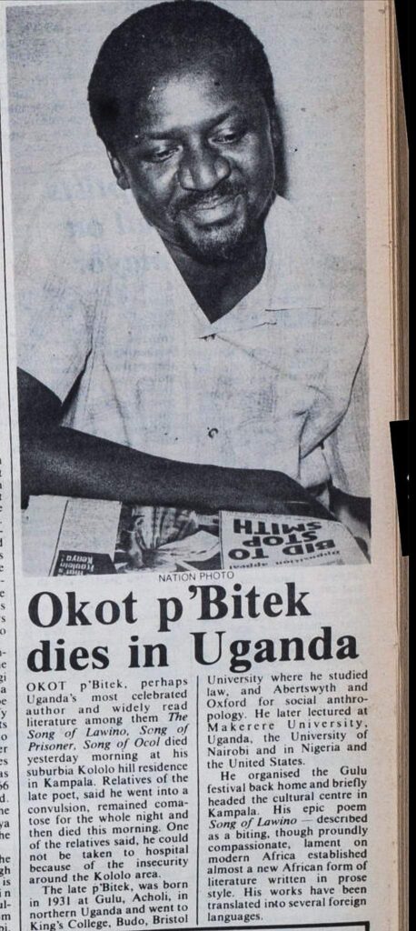 News about Okot p’Bitek's death